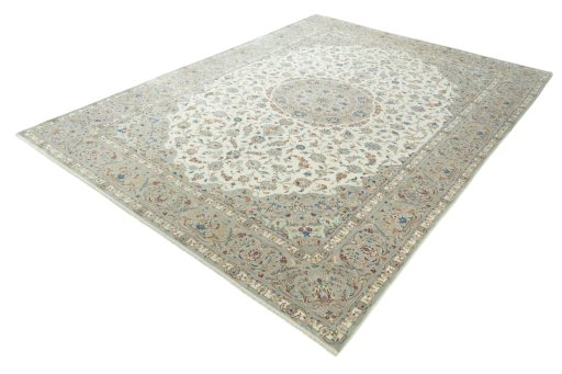 Corner detail of New Kashan rug showing border pattern and Wool pile