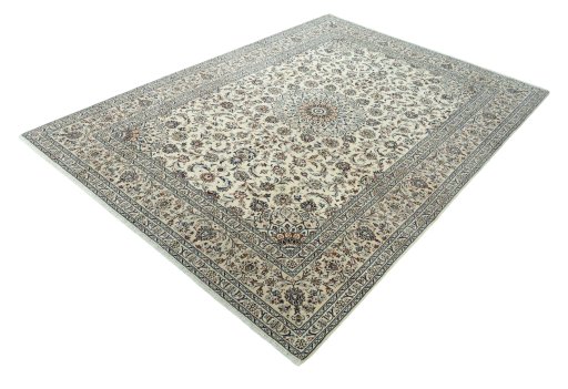 Corner detail of 2000s Kashan rug showing border pattern and Wool pile
