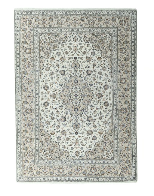 Full view of 2000s Kashan rug from Iran / Persia, 344 × 243 cm in Beige tones