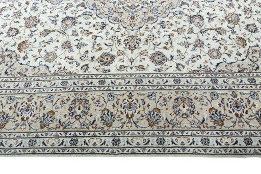 Full view of 2000s Kashan rug from Iran / Persia, 344 × 243 cm in Beige tones