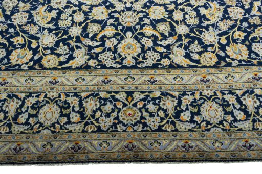 Full view of 1970s Kashan rug from Iran / Persia, 535 × 305 cm in Blue tones