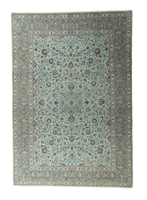 Full view of 2000s Kashan rug from Iran / Persia, 428 × 297 cm in Green tones