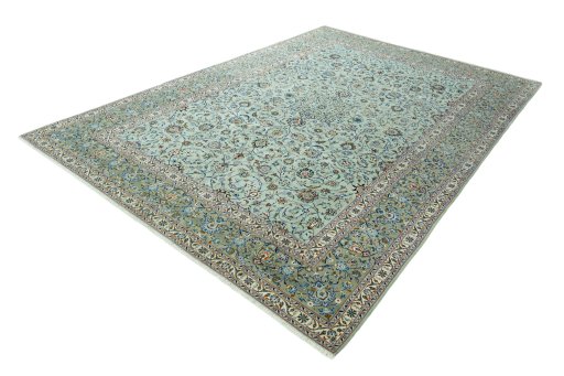 Corner detail of 2000s Kashan rug showing border pattern and Wool pile