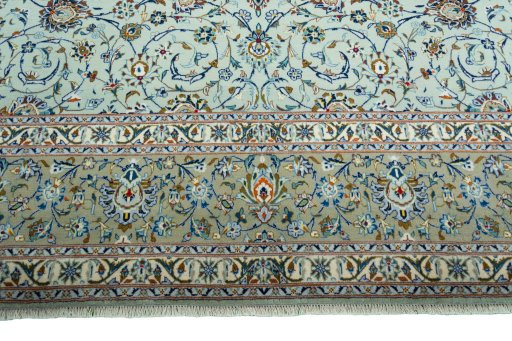 Full view of 2000s Kashan rug from Iran / Persia, 428 × 297 cm in Green tones