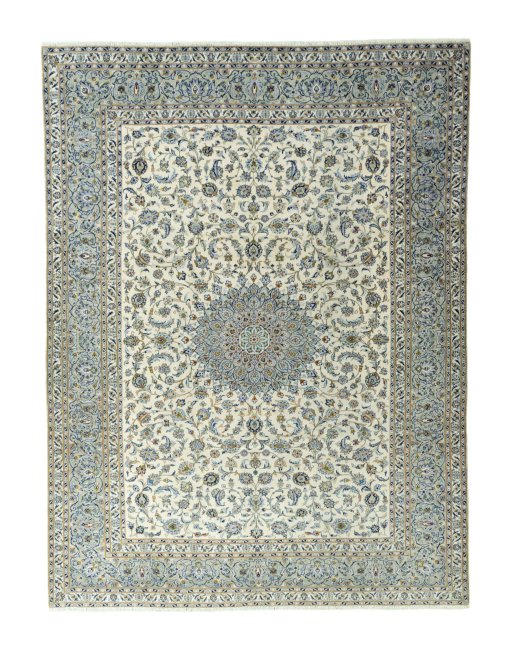 Full view of 2000s Kashan rug from Iran / Persia, 402 × 305 cm in Beige tones