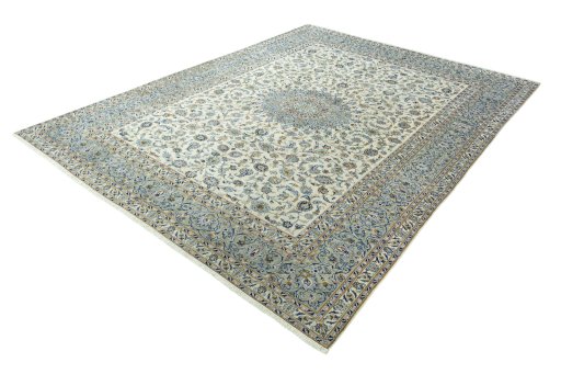 Corner detail of 2000s Kashan rug showing border pattern and Wool pile