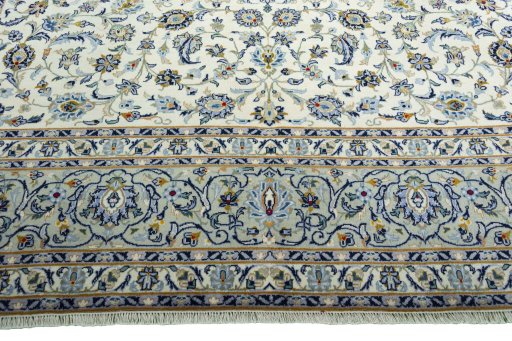 Full view of 2000s Kashan rug from Iran / Persia, 402 × 305 cm in Beige tones