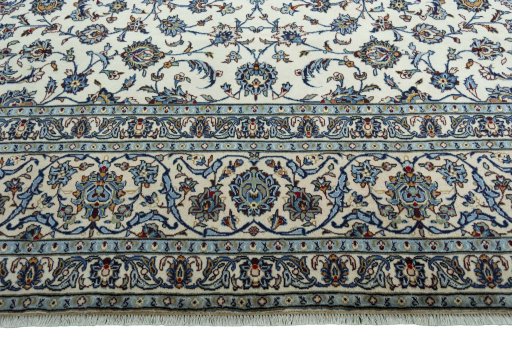 Full view of 2000s Kashan rug from Iran / Persia, 402 × 300 cm in Beige tones