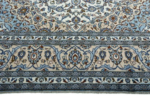 Full view of 2000s Kashan rug from Iran / Persia, 415 × 293 cm in Beige tones