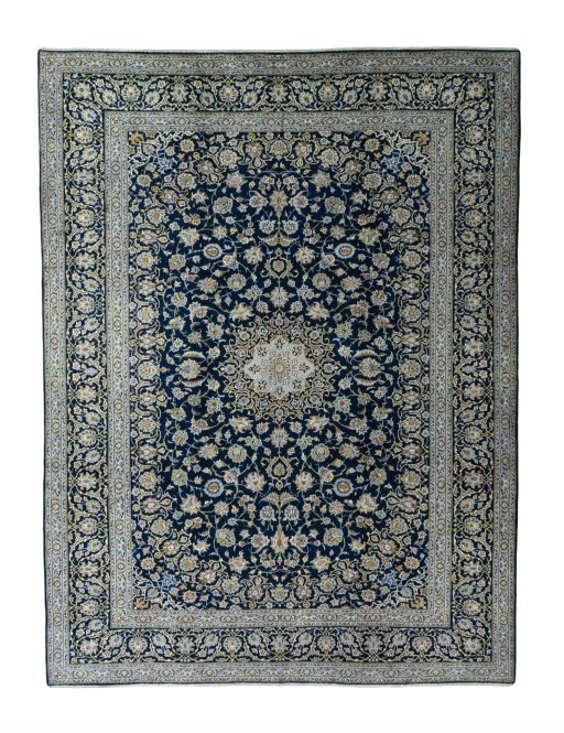 Full view of 2000s Kashan rug from Iran / Persia, 401 × 303 cm in Blue tones