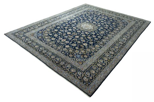 Corner detail of 2000s Kashan rug showing border pattern and Wool pile