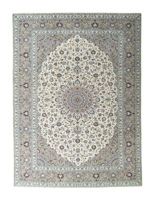 Full view of 2000s Kashan rug from Iran / Persia, 396 × 294 cm in Beige tones