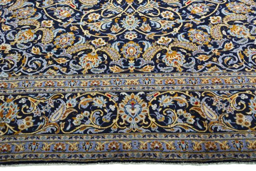 Full view of 2000s Kashan rug from Iran / Persia, 411 × 318 cm in Blue tones