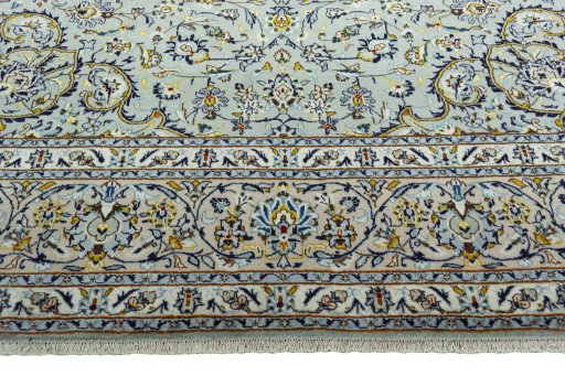 Full view of 2000s Kashan rug from Iran / Persia, 391 × 293 cm in Green tones
