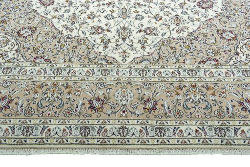 Full view of 2000s Kashan rug from Iran / Persia, 400 × 297 cm in Beige tones