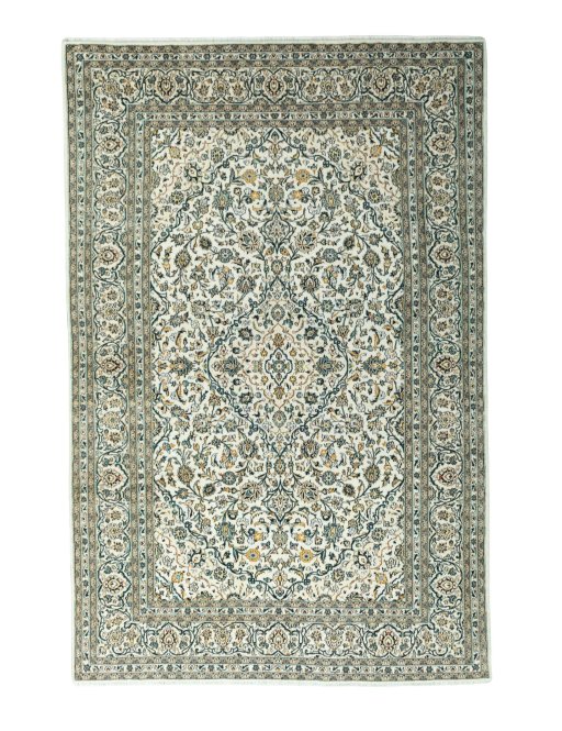 Full view of 2000s Kashan rug from Iran / Persia, 295 × 193 cm in Beige tones