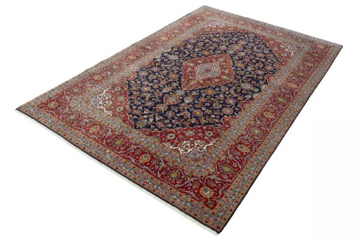 Corner detail of New Kashan rug showing border pattern and Cork pile