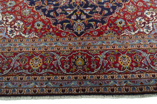 Full view of New Kashan rug from Iran / Persia, 310 × 207 cm in Blue tones