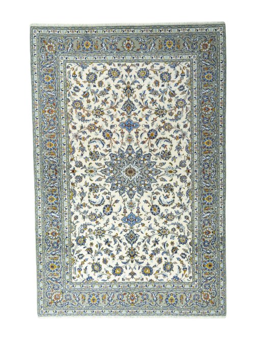 Full view of 2000s Kashan rug from Iran / Persia, 297 × 197 cm in Beige tones
