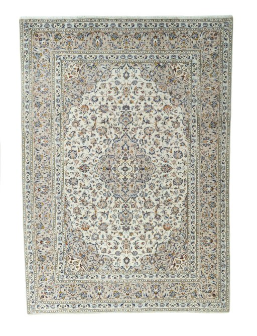 Full view of 2000s Kashan rug from Iran / Persia, 357 × 255 cm in Beige tones