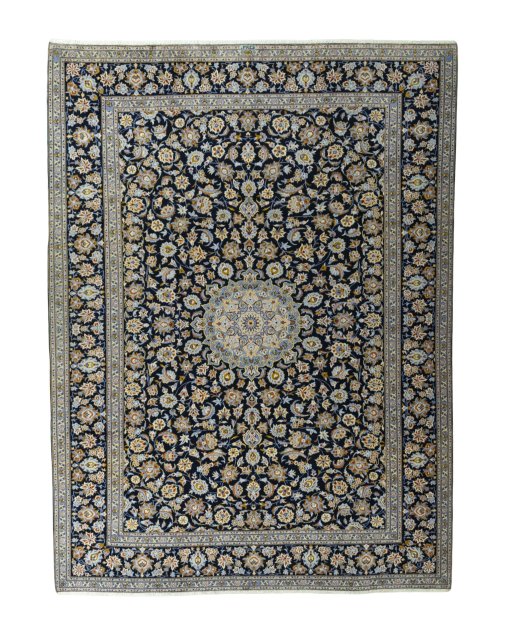 Full view of 2000s Kashan rug from Iran / Persia, 395 × 293 cm in Blue tones