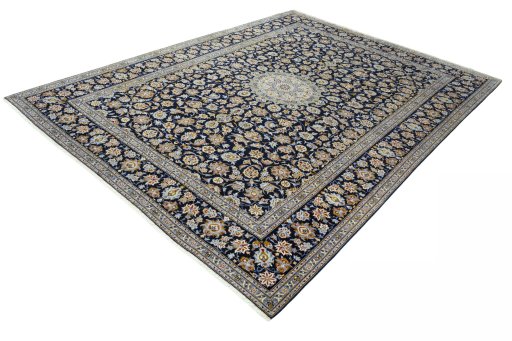 Corner detail of 2000s Kashan rug showing border pattern and Wool pile