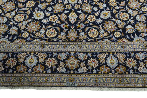 Full view of 2000s Kashan rug from Iran / Persia, 395 × 293 cm in Blue tones