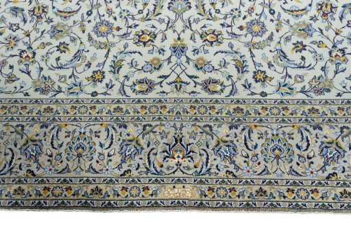 Full view of 2000s Kashan rug from Iran / Persia, 408 × 304 cm in Green tones