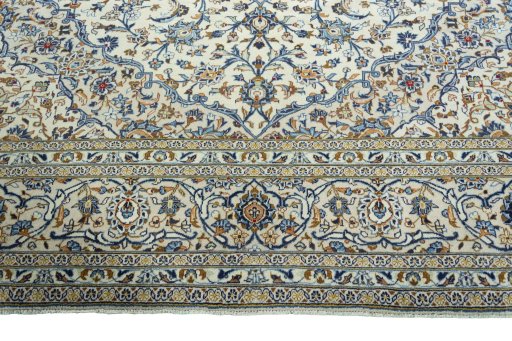 Full view of 2000s Kashan rug from Iran / Persia, 405 × 300 cm in Beige tones