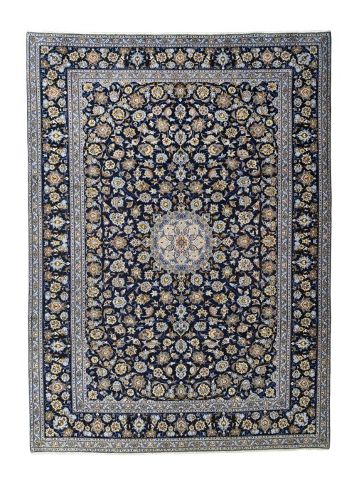 Full view of 2000s Kashan rug from Iran / Persia, 413 × 302 cm in Blue tones