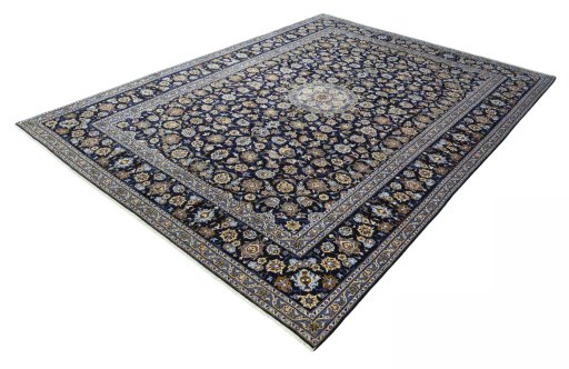 Corner detail of 2000s Kashan rug showing border pattern and Wool pile