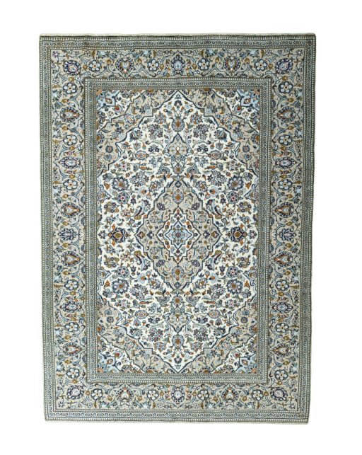 Full view of 2000s Kashan rug from Iran / Persia, 346 × 244 cm in Beige tones