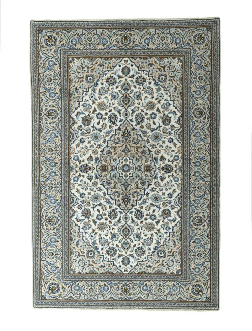 Full view of 2000s Kashan rug from Iran / Persia, 304 × 199 cm in Beige tones