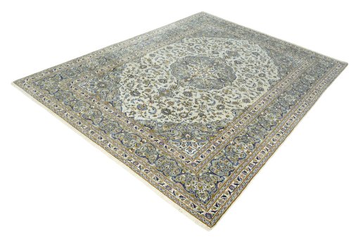 Corner detail of 2000s Kashan rug showing border pattern and Wool pile