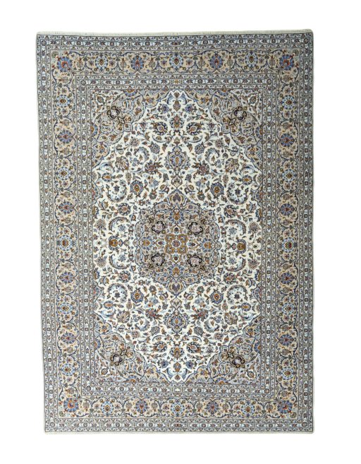 Full view of 2000s Kashan rug from Iran / Persia, 365 × 252 cm in Beige tones