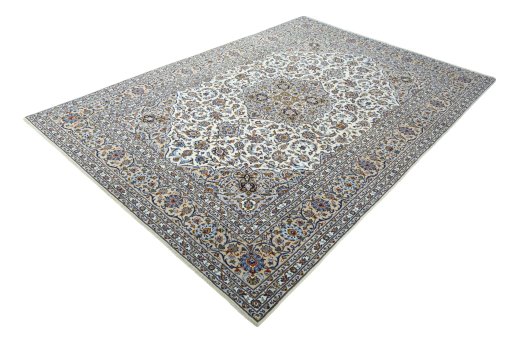 Corner detail of 2000s Kashan rug showing border pattern and Wool pile