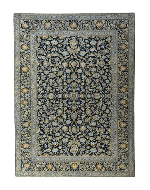 Full view of 2000s Kashan rug from Iran / Persia, 390 × 290 cm in Blue tones