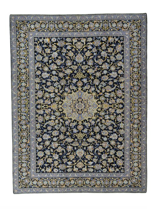 Full view of 2000s Kashan rug from Iran / Persia, 427 × 326 cm in Blue tones