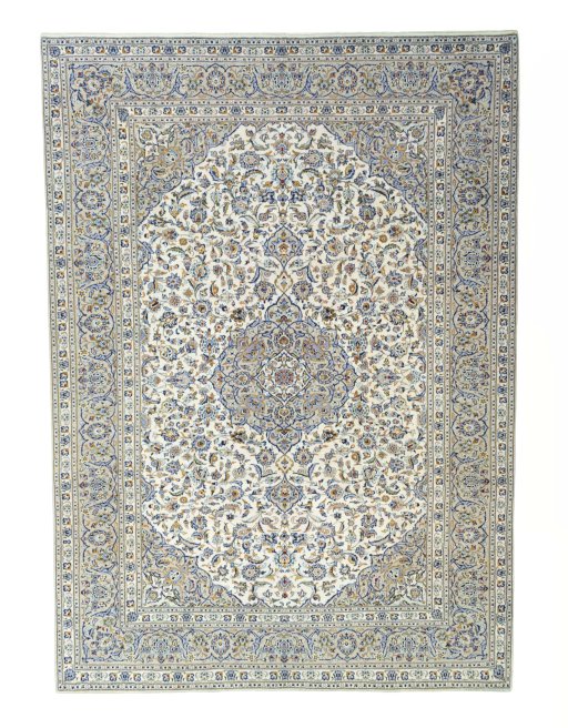 Full view of 2000s Kashan rug from Iran / Persia, 403 × 288 cm in Beige tones