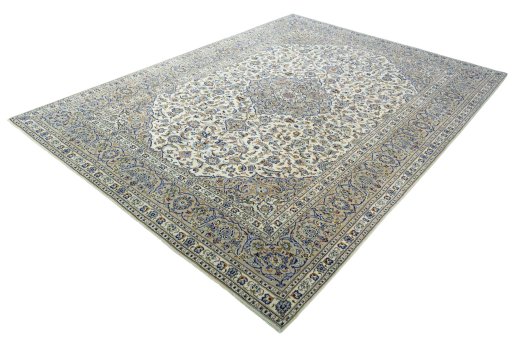 Corner detail of 2000s Kashan rug showing border pattern and Wool pile