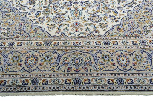 Full view of 2000s Kashan rug from Iran / Persia, 403 × 288 cm in Beige tones