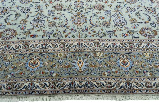 Full view of 1970s Kashan rug from Iran / Persia, 418 × 302 cm in Blue tones