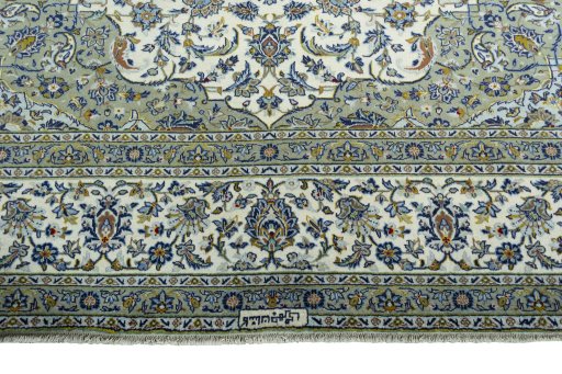 Full view of 2000s Kashan rug from Iran / Persia, 400 × 295 cm in Beige tones