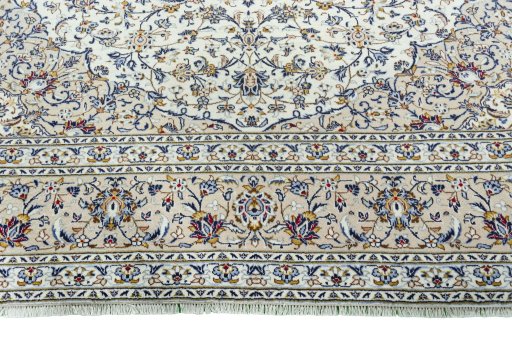 Full view of 2000s Kashan rug from Iran / Persia, 400 × 298 cm in Beige tones