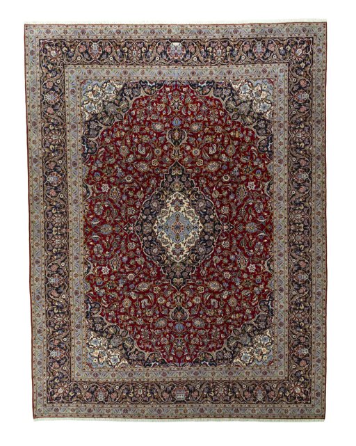 Full view of New Kashan rug from Iran / Persia, 402 × 304 cm in Red tones