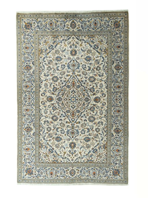 Full view of 2000s Kashan rug from Iran / Persia, 297 × 195 cm in Beige tones