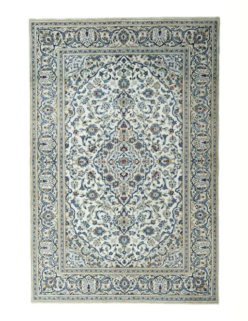 Full view of 2000s Kashan rug from Iran / Persia, 296 × 200 cm in Beige tones