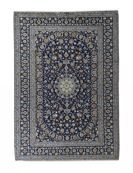Full view of 2000s Kashan rug from Iran / Persia, 380 × 268 cm in Blue tones