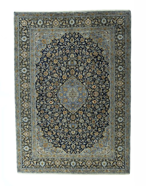 Full view of 2000s Kashan rug from Iran / Persia, 407 × 292 cm in Blue tones