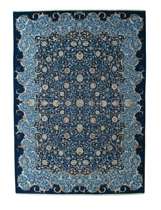 Full view of 2000s Kashan rug from Iran / Persia, 420 × 300 cm in Blue tones